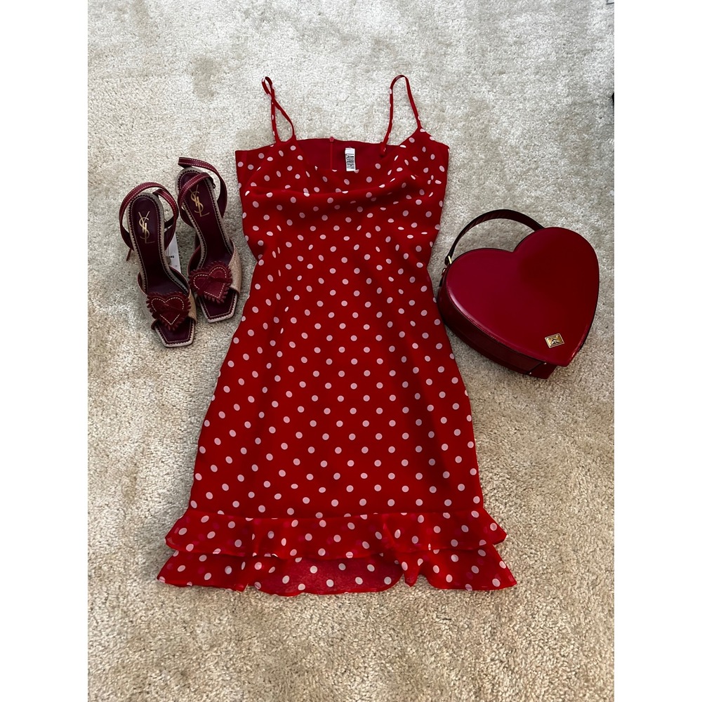 Laundry by Shelli Segal Polka Dot Silk Y2K Ruffle Romantic Slip Dress Size 2 - Picture 2 of 7